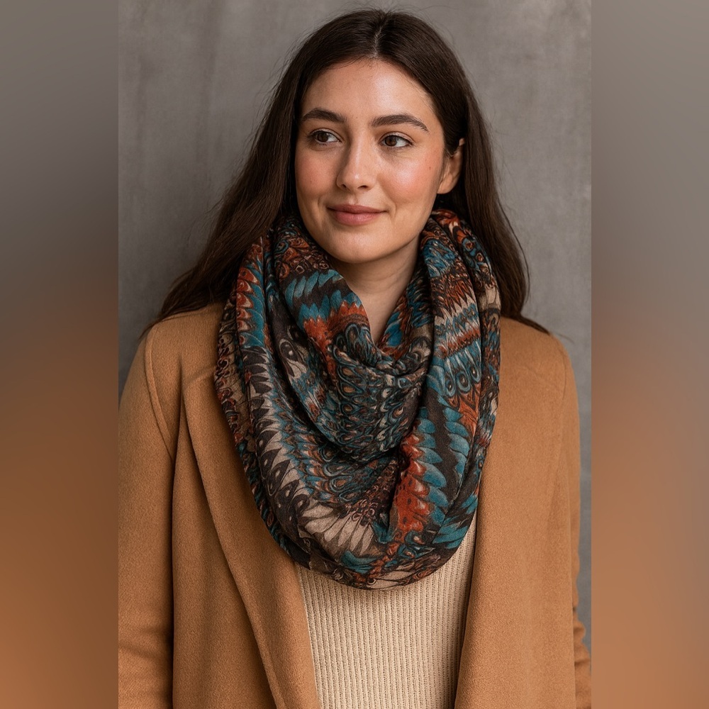 Vintage Infinity Scarf Feathers Peacock Fall Rust Chocolate Teal Lightweight L‍‍